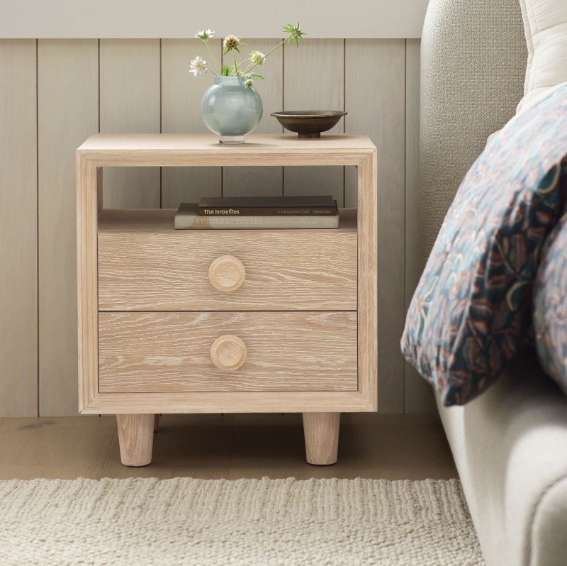 Handmade Designer Wooden Natural Color Bedside Nightstand with One Shelf and Two Drawers Nightstand - Bone Inlay Furnitures