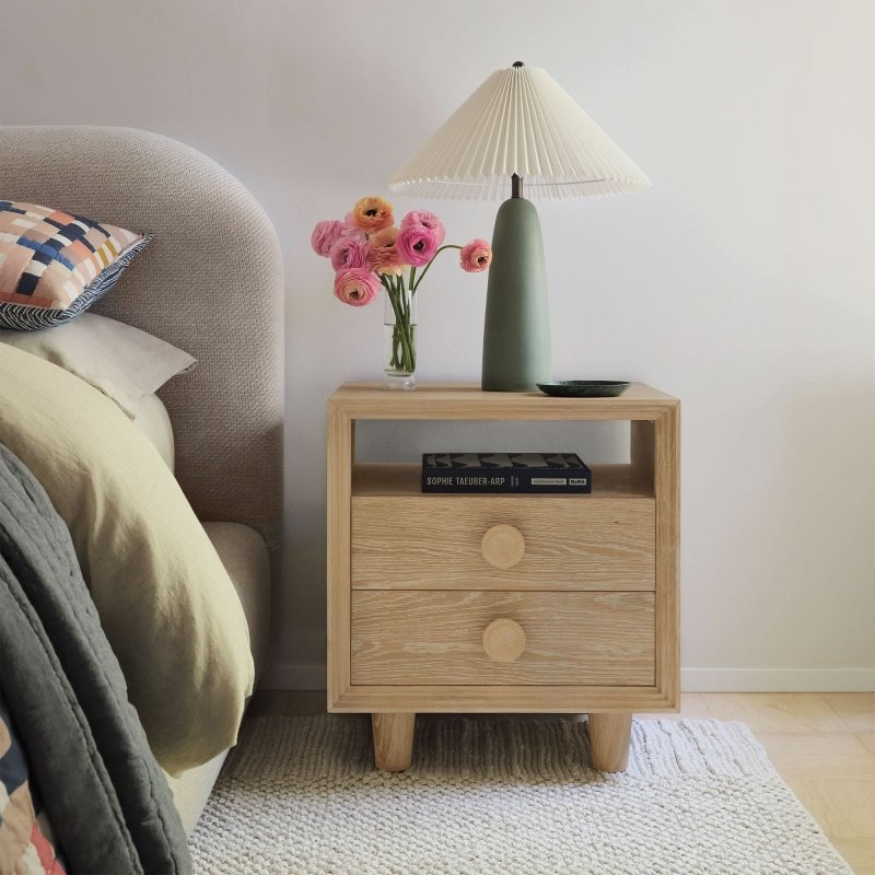 Handmade Designer Wooden Natural Color Bedside Nightstand with One Shelf and Two Drawers Nightstand - Bone Inlay Furnitures