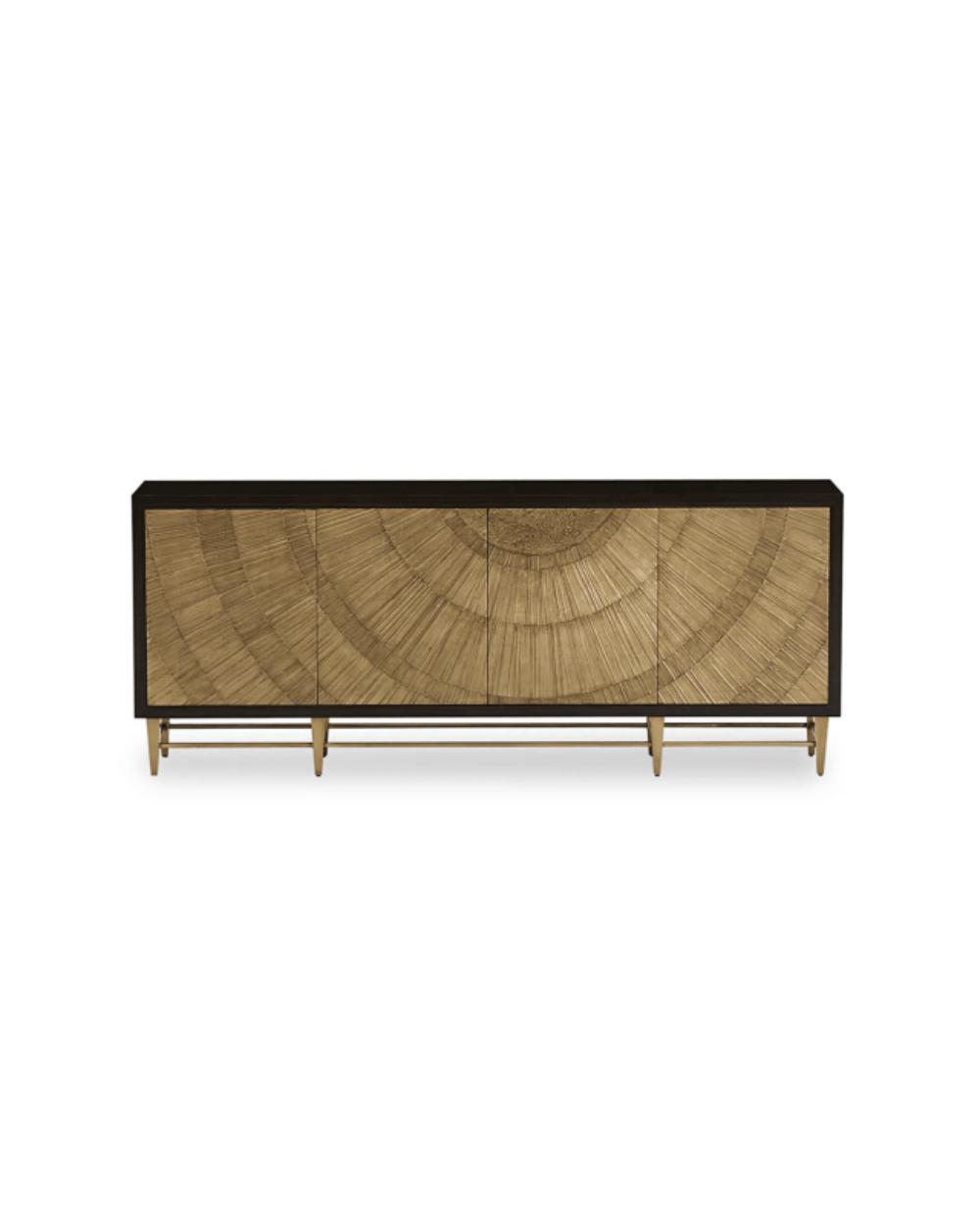 John-Richard Radiate sideboard credenza featuring a dark espresso wood frame and four cabinet doors with a gold radiating half-sunburst pattern on a gold metal leg base.