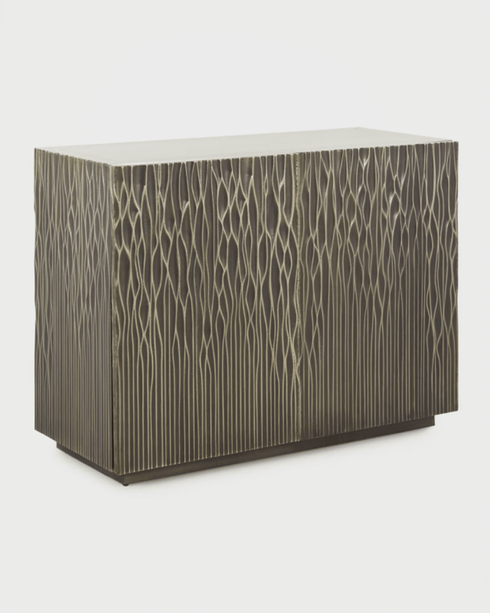 Skylar silver alloy chest featuring a textured, organic embossed metal finish on a minimalist rectangular frame.