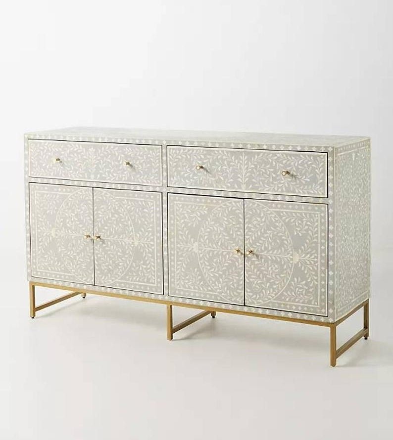 Handmade Scroll Vine Bone Inlay Buffet in Blue