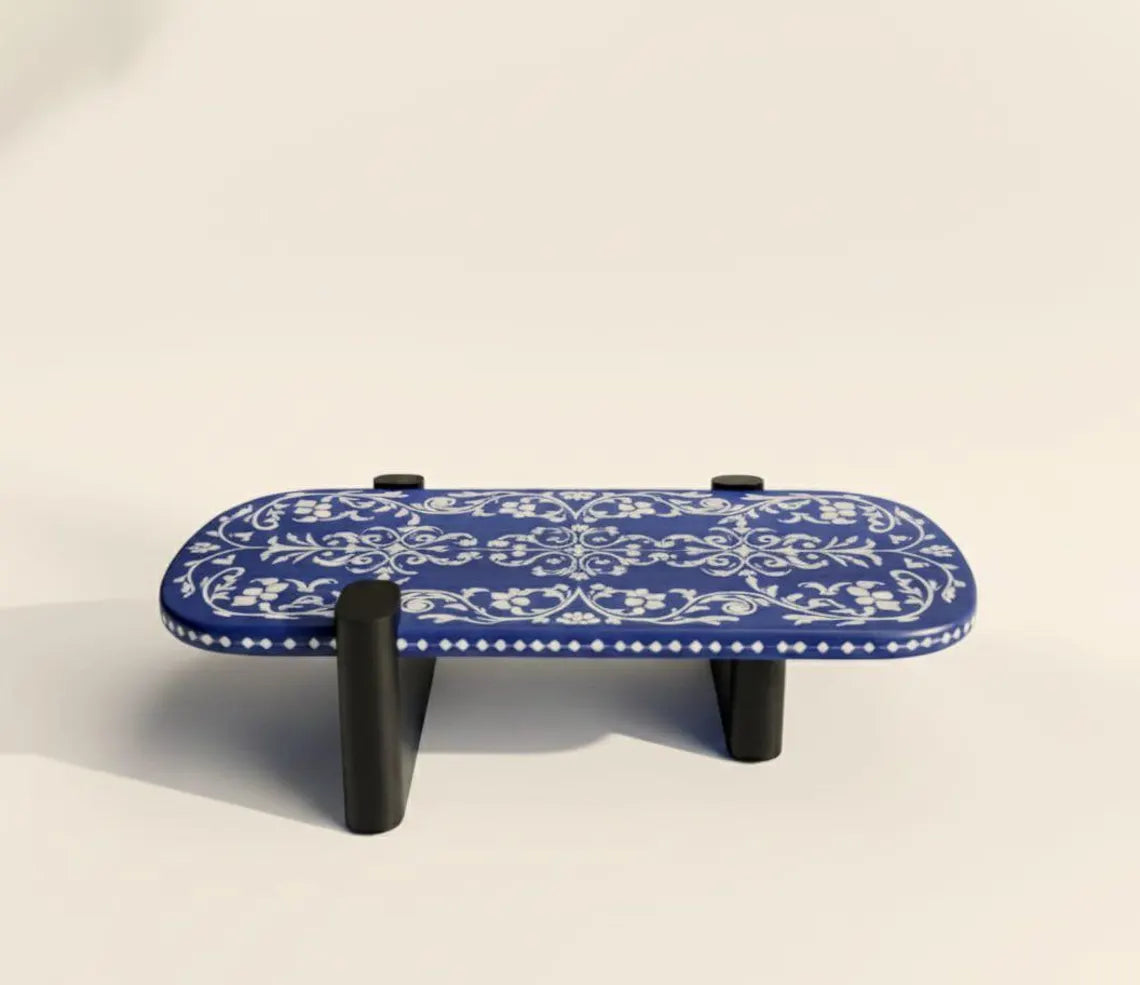 Handmade Boho-Chic Bone Inlay Floral blue Coffee Table