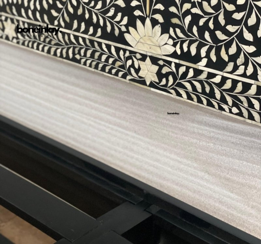 Luxurious Black Intricate Bone Inlay Floral Design Bed Headboard - Bone Inlay Furnitures