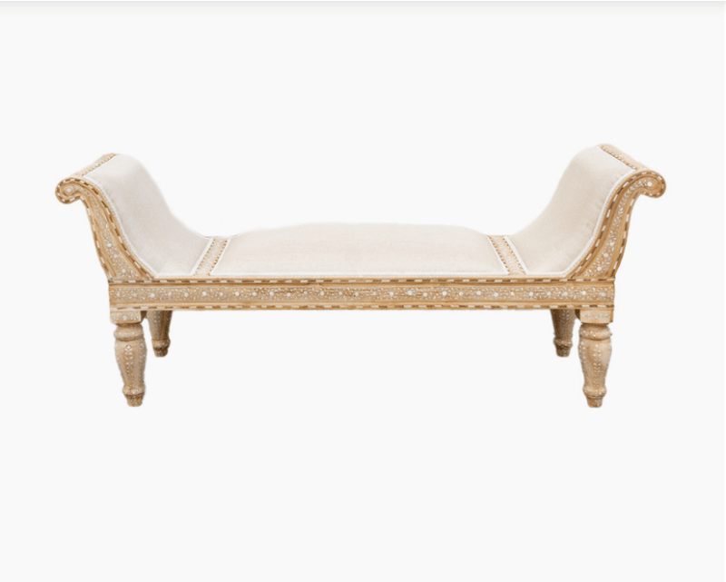 Traditional wood inlay teak upholstered chaise lounge on white background showing complete scroll arm design