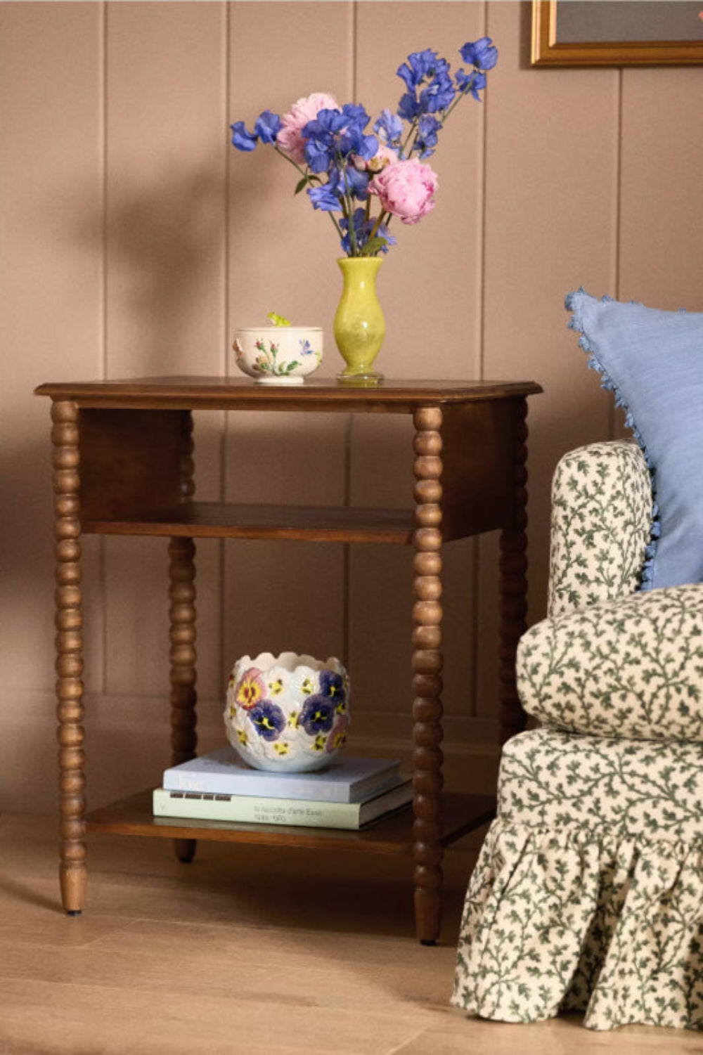Modern Hand - Crafted Wooden Bobbin Legs Side Table Bedside Table - Bone Inlay Furnitures
