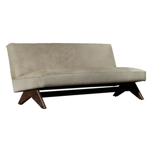 Front view of a beige Pierre Jeanneret-inspired sofa with an upholstered backrest, armless seat and dark solid wood base.