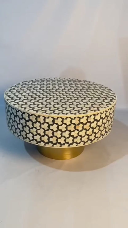 Bone Inlay Moroccan Round Coffee Table With Brass Base | Custom Made White Color Center Table