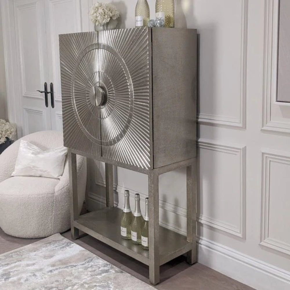 Silver Metal Embossed Bar Cabinet with Two Door Bar Cabinet - Bone Inlay Furnitures