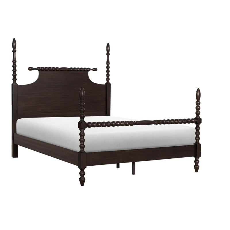 Wooden poster bed with spindle-style details and a dark frame.