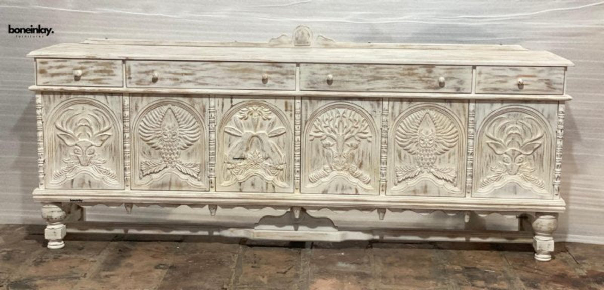 Wooden Custom Menagerie Buffet Sideboard Table with Intricate Animal Carvings Buffet & Sideboard - Bone Inlay Furnitures