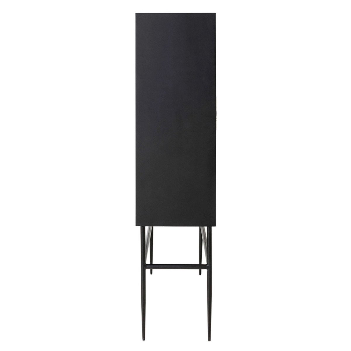 Full height plain matte black mango wood side panel of a bone inlay bar cabinet with four slender tapered black iron legs and rectangular base frame visible against a clean white background