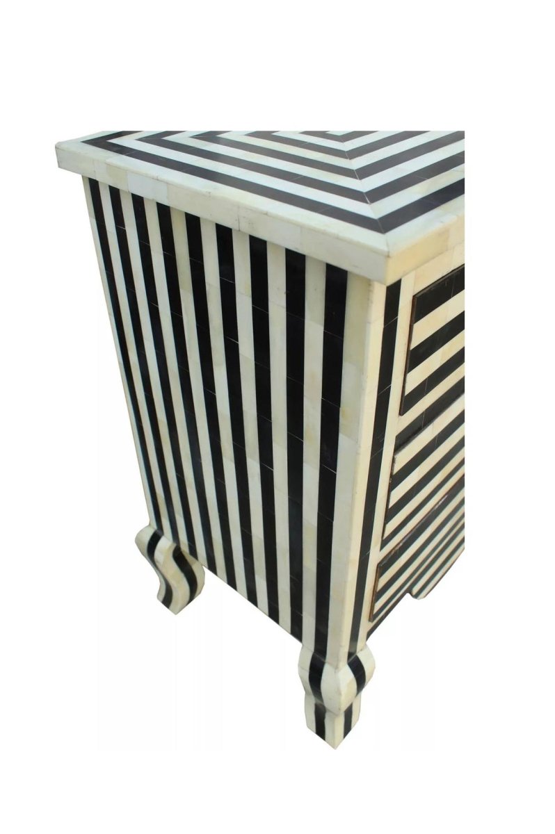 Corner Detail of Handmade Bone Inlay Zebra Nightstand Showing Black and White Vertical and Geometric Stripe Inlay Work