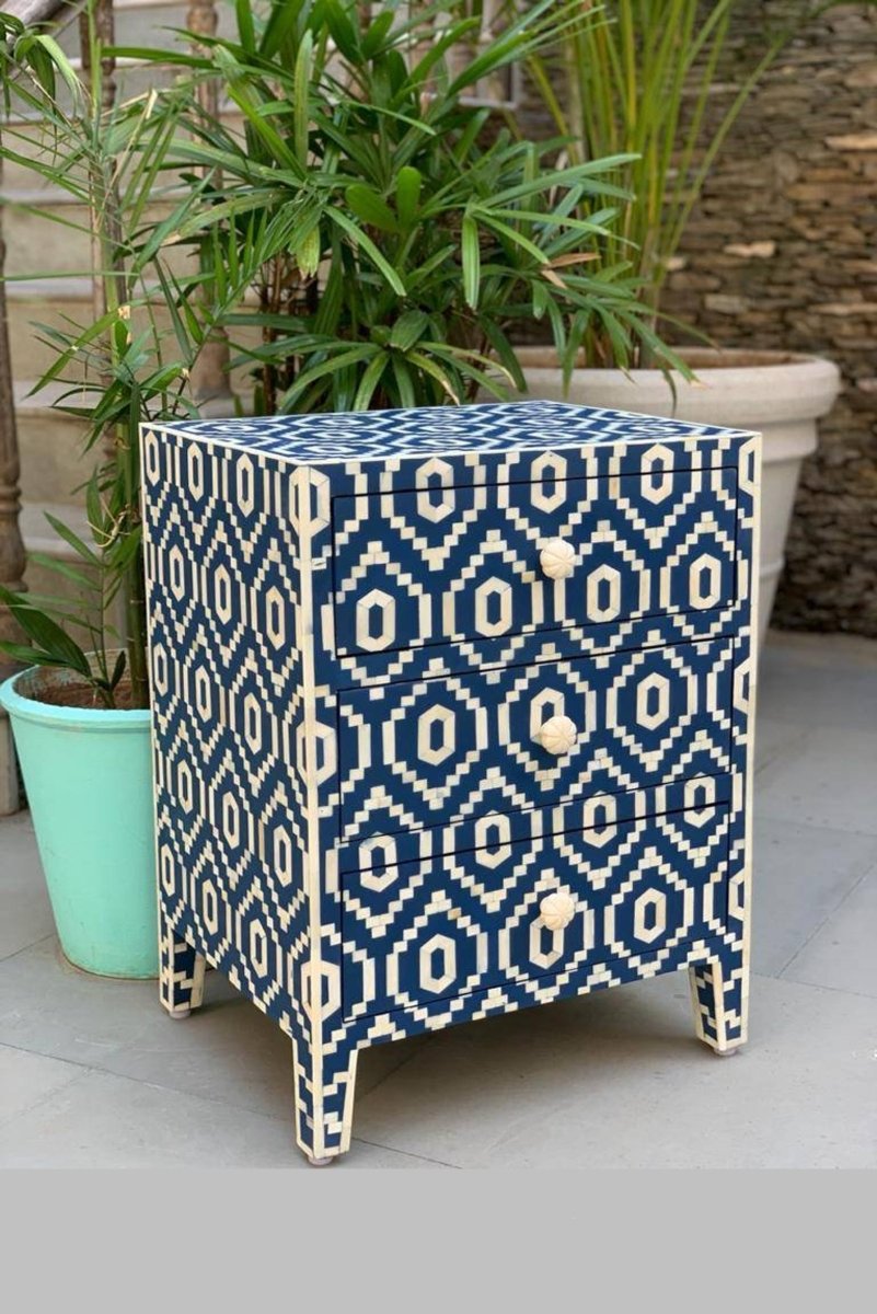 Handmade blue bone inlay Ikkat nightstand with three drawers and detailed white geometric pattern across the front and surface