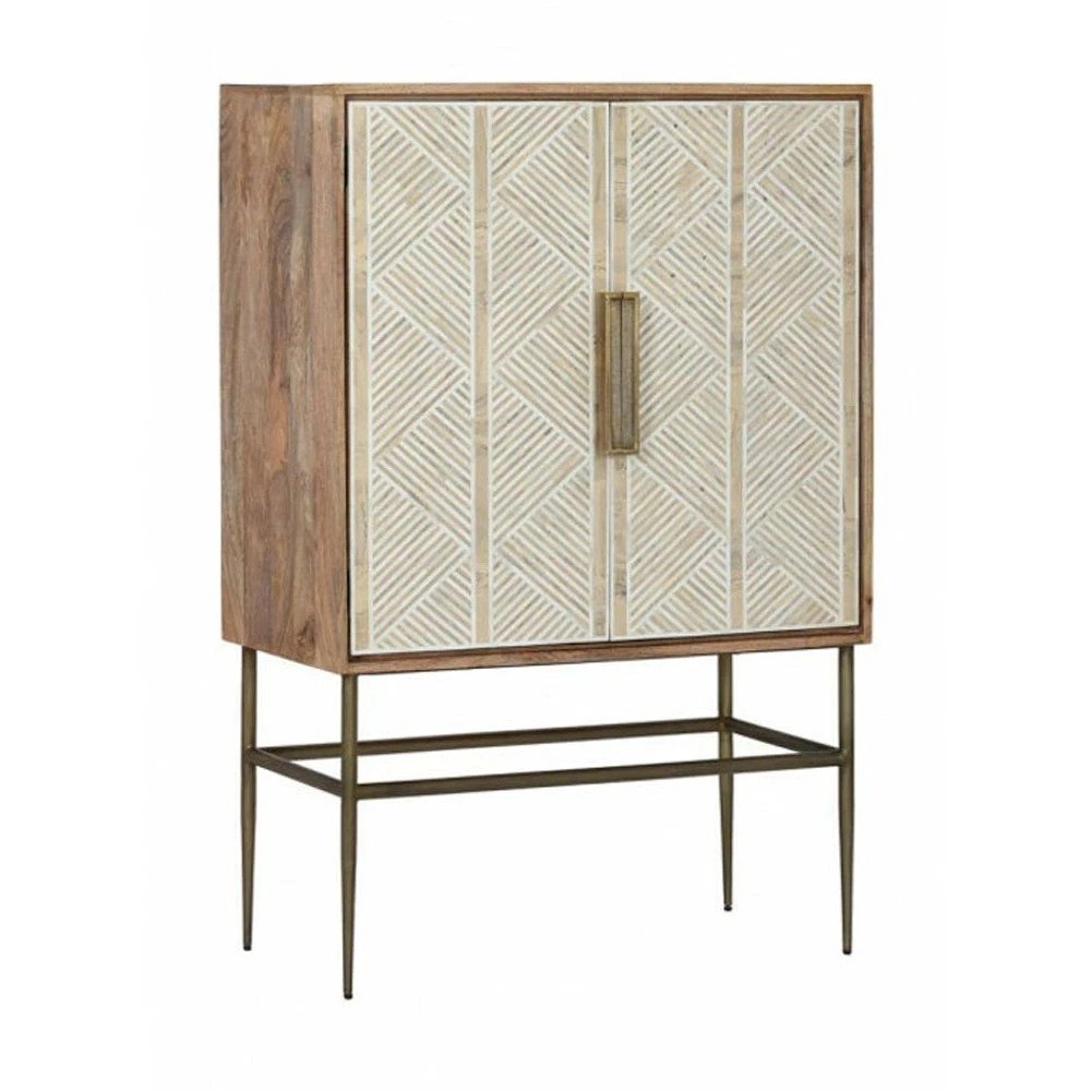 Two-door bone inlay bar cabinet showing the large linear diamond motif across the front, oversized matching vertical handles, a flat top, and slender antique brass-finish legs.