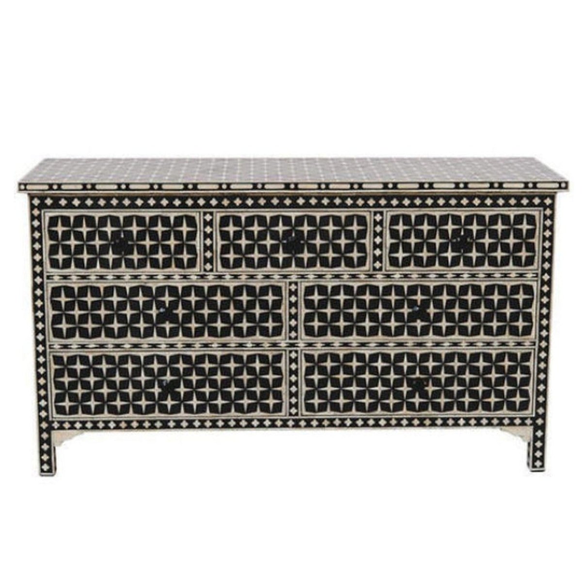 Black bone inlay chest of seven drawers photographed head-on with all drawers visible against a plain white backdrop