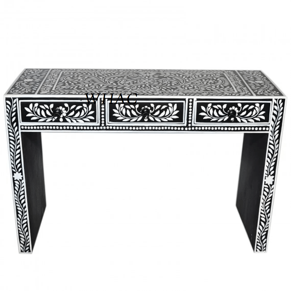Indian handcrafted bone inlay console table on white background with three drawers featuring lotus flower inlay pulls and full-surface floral vine pattern