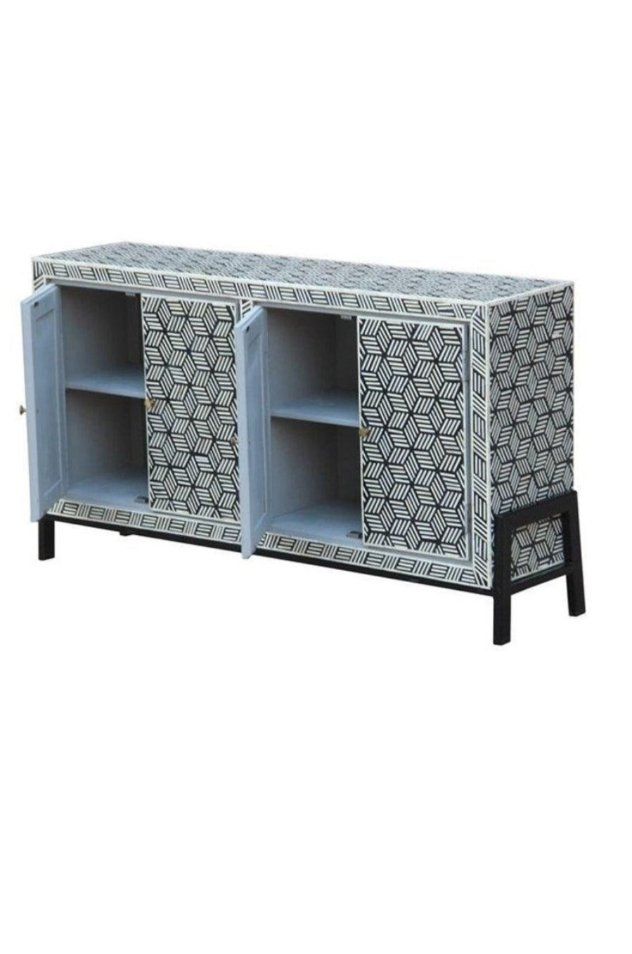 Optical Cube Server Black Base in gray bone inlay, shown in a full front view with four geometric doors.