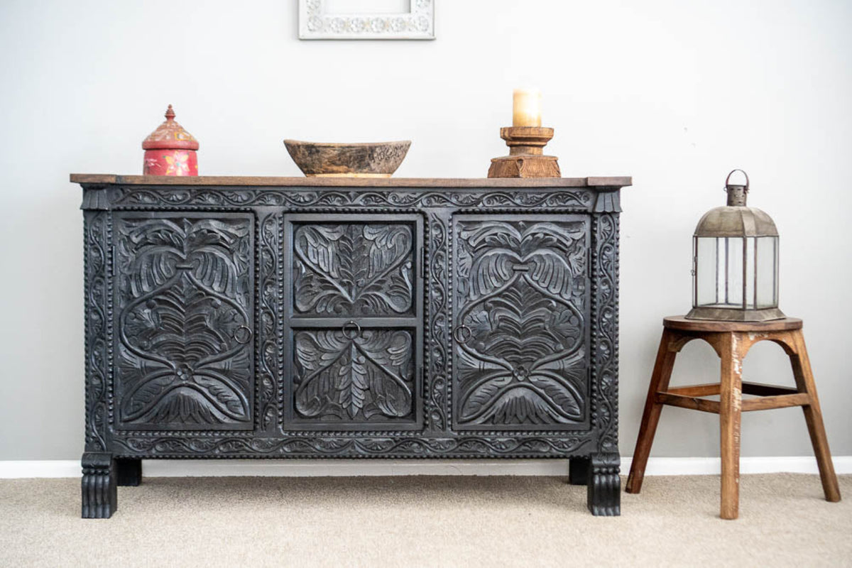 Traditional Ring Pull Sideboard in charcoal wood, shown in front view with carved doors and shaped front feet.