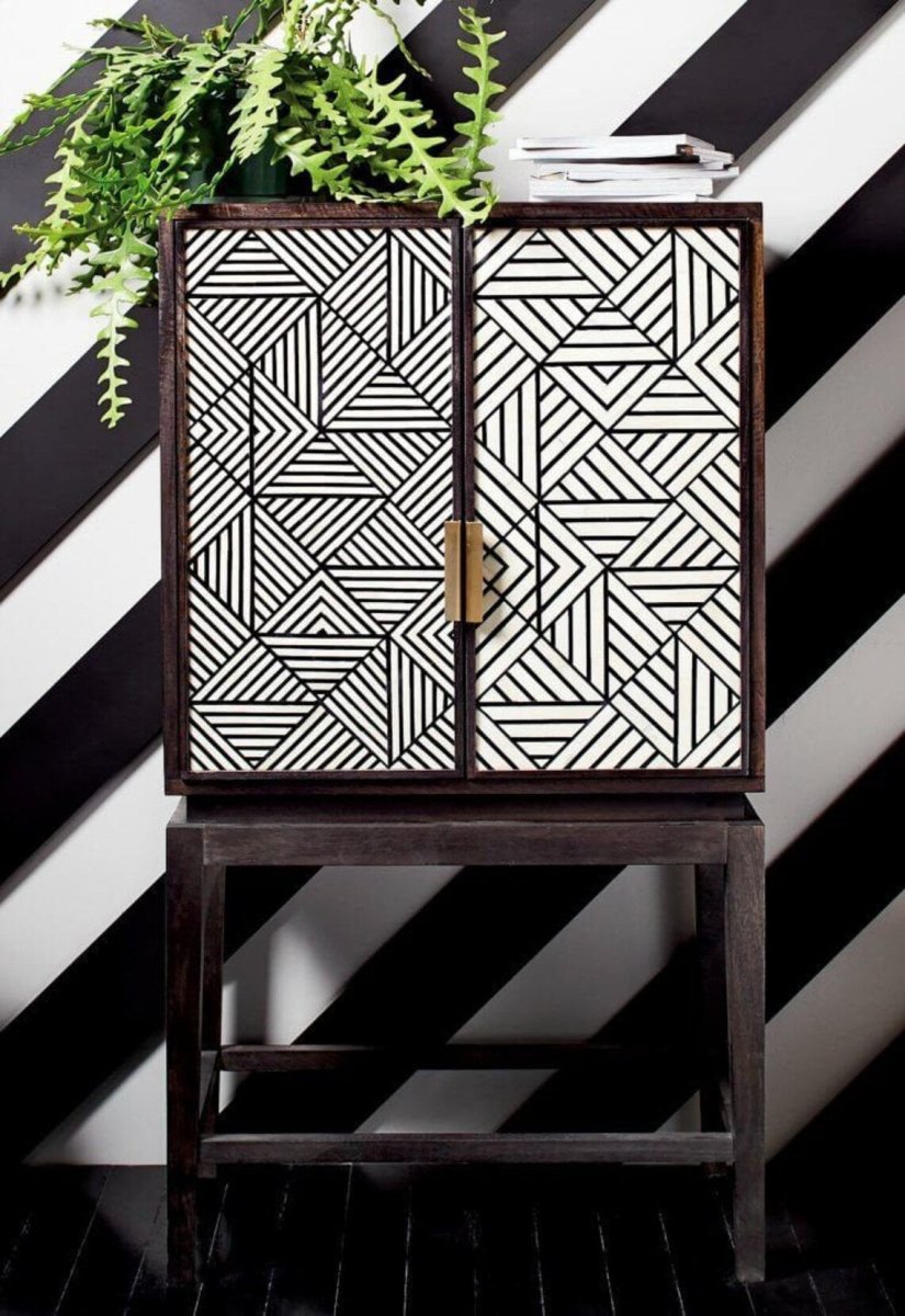 Black and White Geometric Bone Inlay Bar Cabinet with Brass Handle on Dark Wood Stand – Handcrafted Luxury Storage
