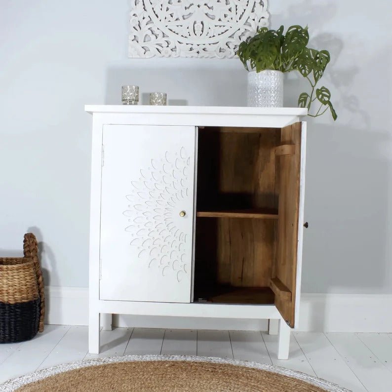 Beautiful Display Caning Bohemian Style Cabinet | Carved Wood Sideboard Storage with Two Shelves Cabinet - Bone Inlay Furnitures