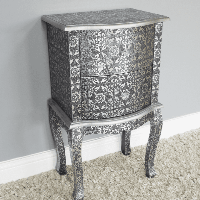 Blackened Silver Embossed Patterned Metal Bedside | Hand Embossed Nightstand Nightstand - Bone Inlay Furnitures