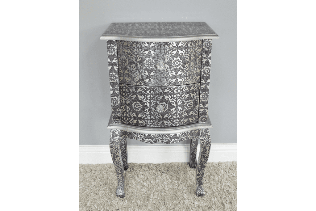 Blackened Silver Embossed Patterned Metal Bedside | Hand Embossed Nightstand Nightstand - Bone Inlay Furnitures