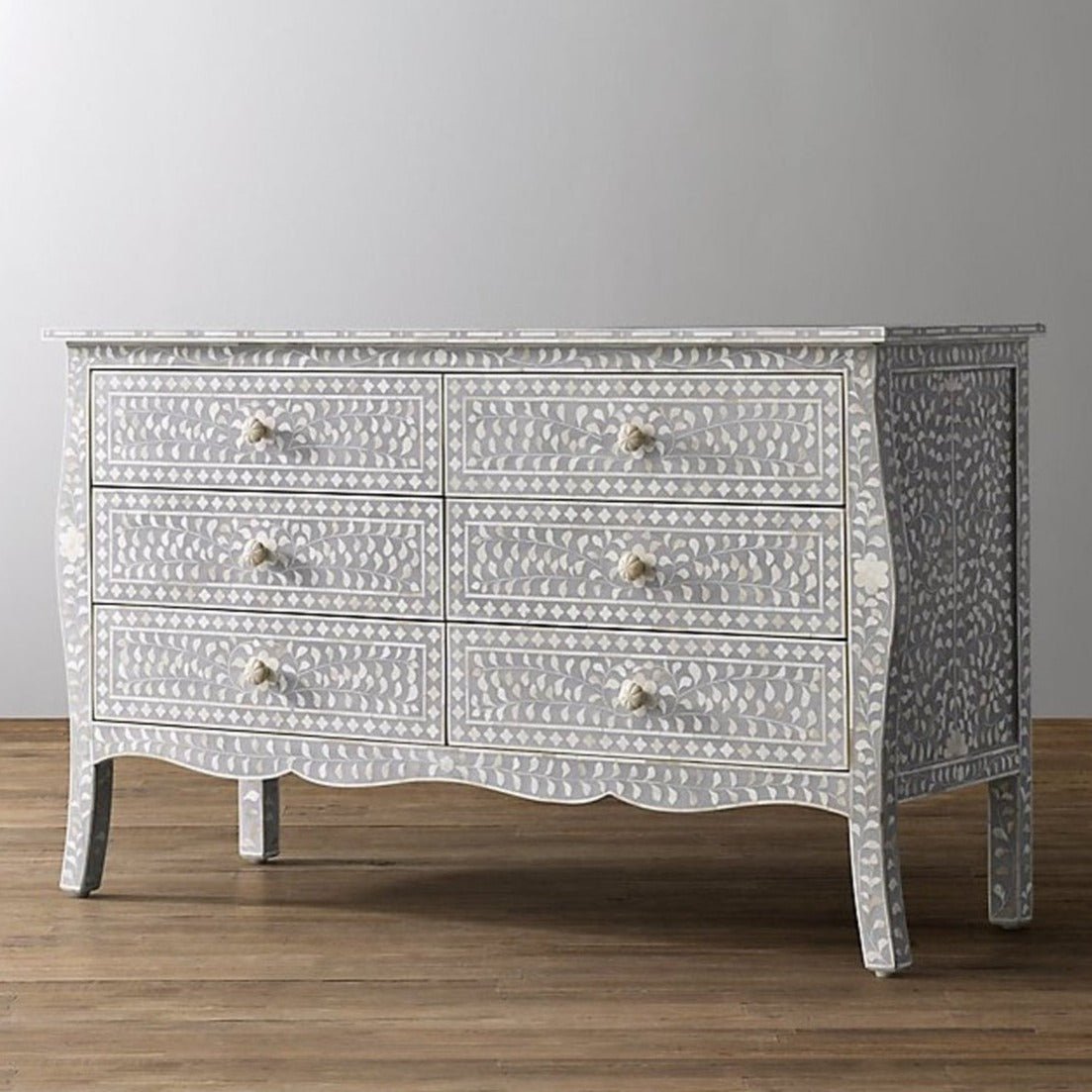 Bone Inlay 6 Drawer Colonial Dresser in Grey Color | Handmade Custom Storage Unit chest of drawer - Bone Inlay Furnitures