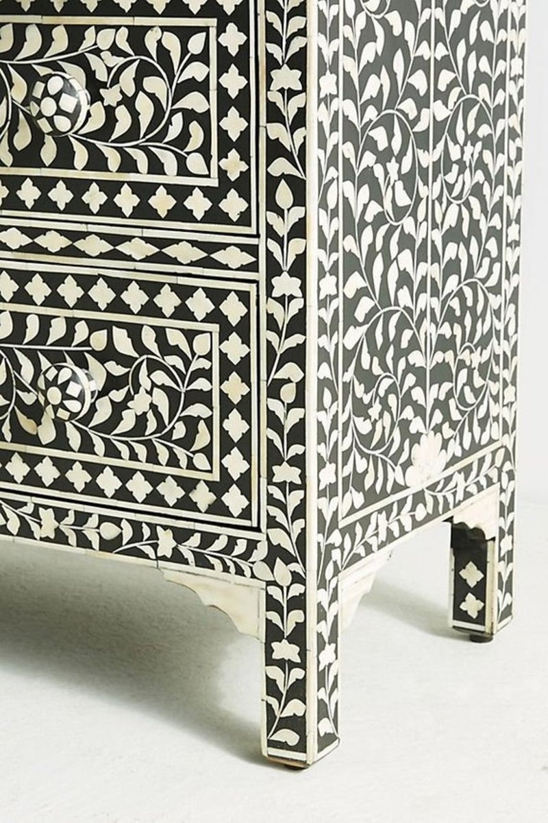 Bone Inlay 7 Drawers Floral Design Dresser In Black Color | Handmade Bone Inlay Chest of 7 Drawer Chest of Drawers - Bone Inlay Furnitures