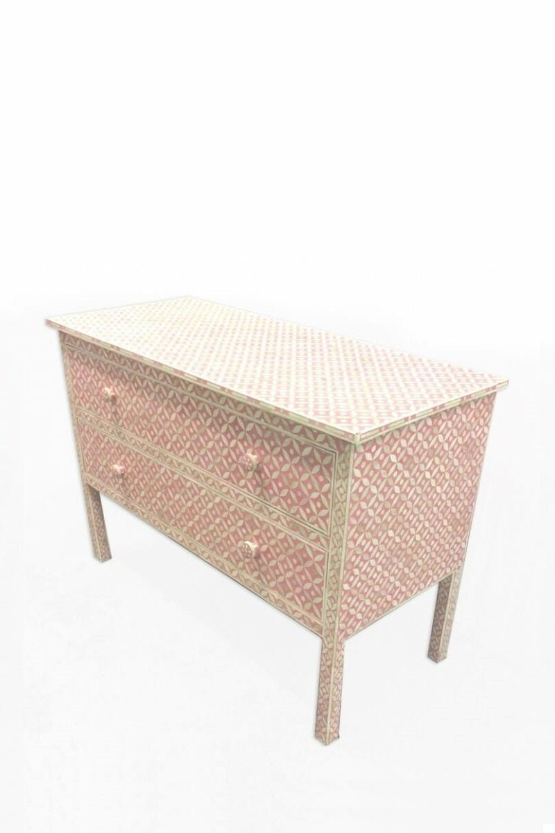 Bone Inlay Chest Of 2 Drawers Geometric Design Pink Color | Handmade Bone Inlay 2 Drawers Dresser Chest of Drawers - Bone Inlay Furnitures