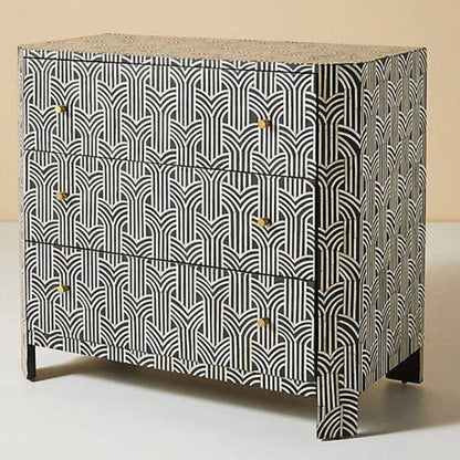 Bone Inlay Chest of 3 Drawers in Black Color | Handmade Chevron patterned 3 Drawers Dresser chest of drawer - Bone Inlay Furnitures