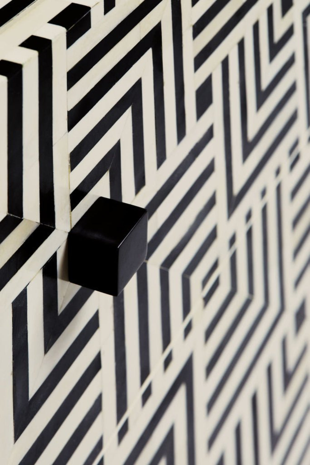 Bone inlay mosaic dresser black square drawer pull with geometric black and white inlay pattern craftsmanship detail