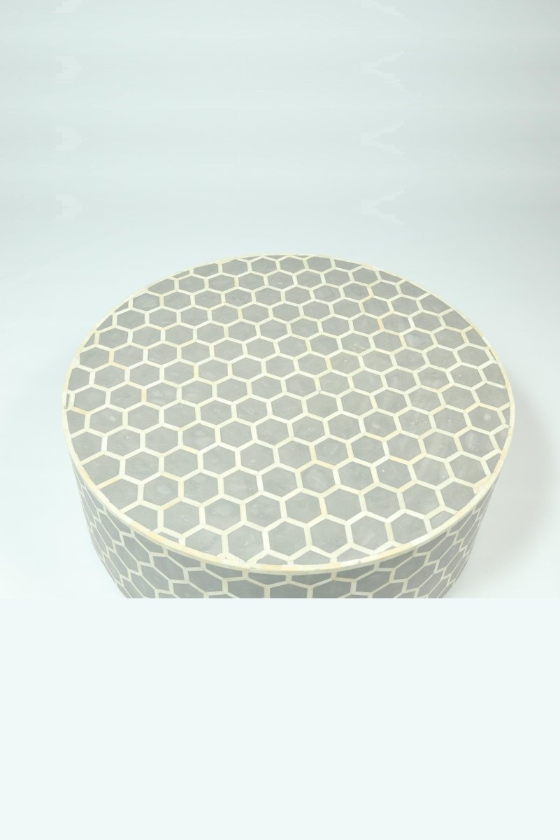 Bone Inlay Concrete Honeycomb Design Coffee Table in Grey Color | Handmade Custom Round Center Table Coffee Table - Bone Inlay Furnitures