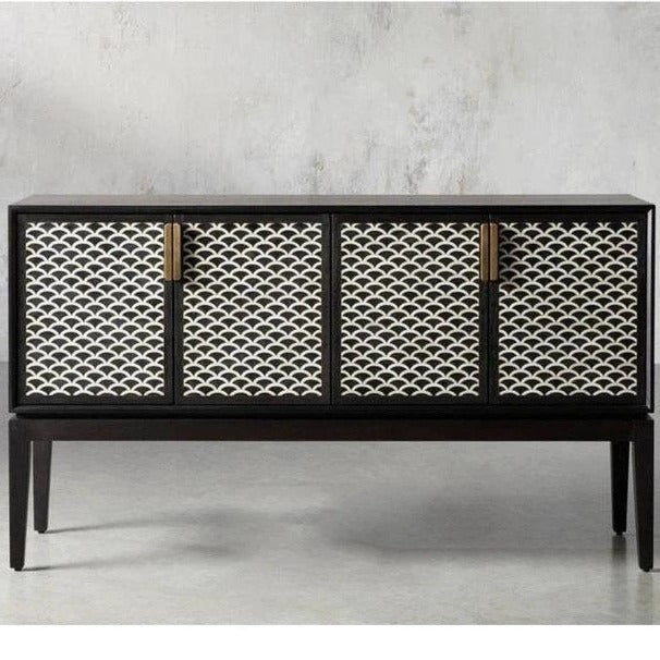 Bone Inlay Fish Scale Pattern Bar cabinet | Handmade Inlay Storage Unit in Black Color Bar Cabinet - Bone Inlay Furnitures