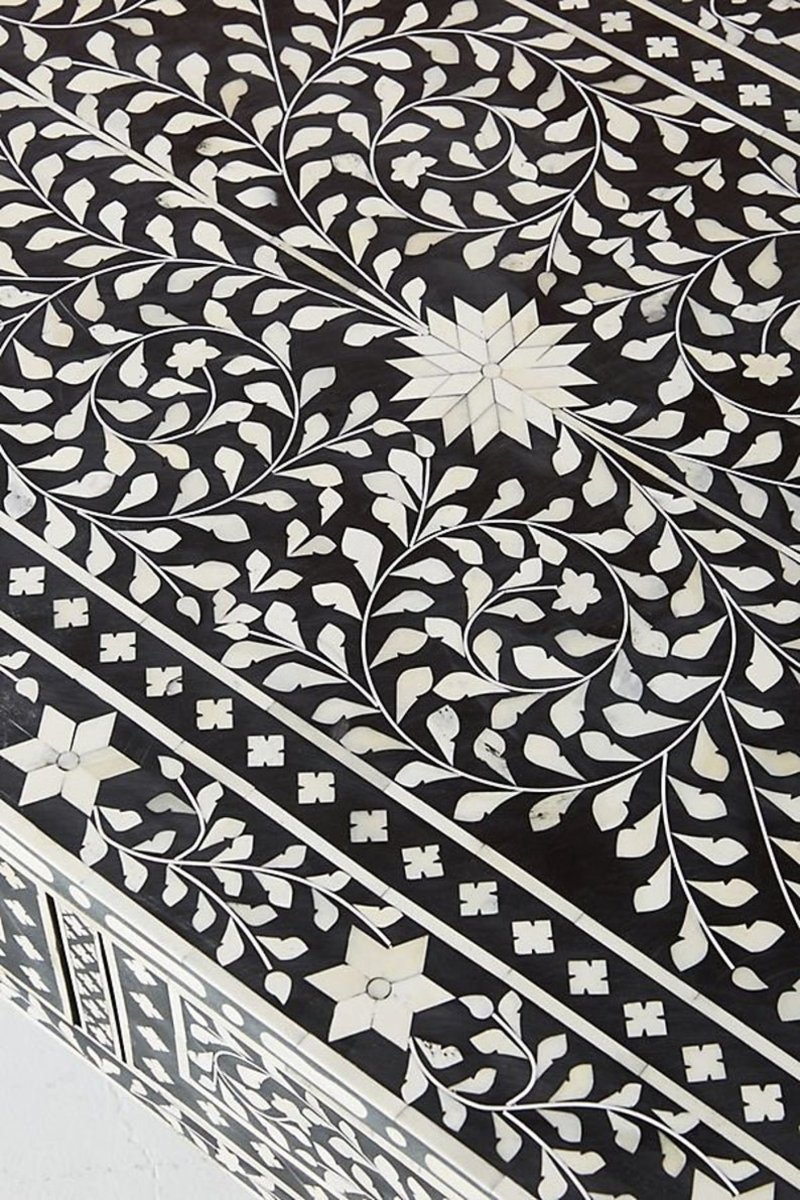 Bone Inlay Floral Design 2 Drawers Small Coffee Table | Handmade Center Table in Black Color Center Table - Bone Inlay Furnitures