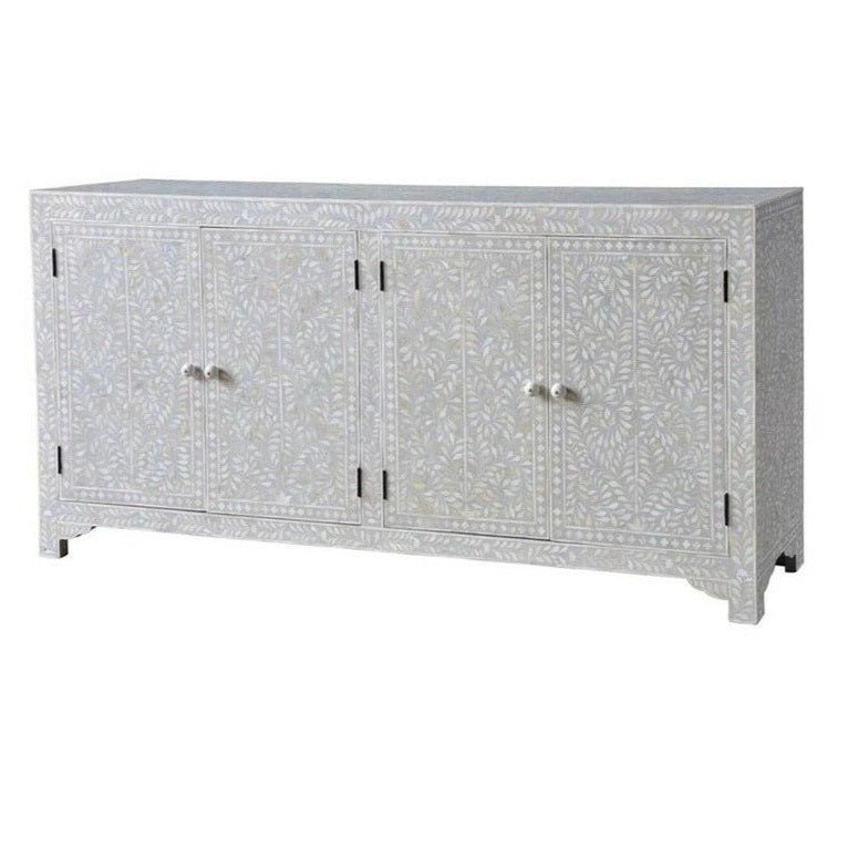 Floral Design Bone Inlay Sideboard with 4 Doors - Grey Color
