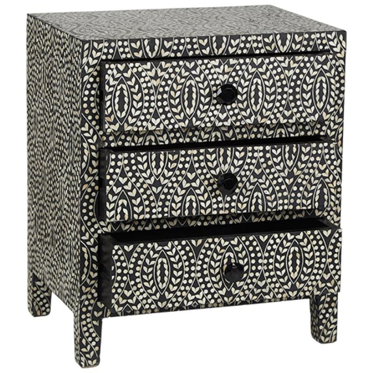 Bone Inlay 3 Drawers Motif Design Bedside Table in Black Color