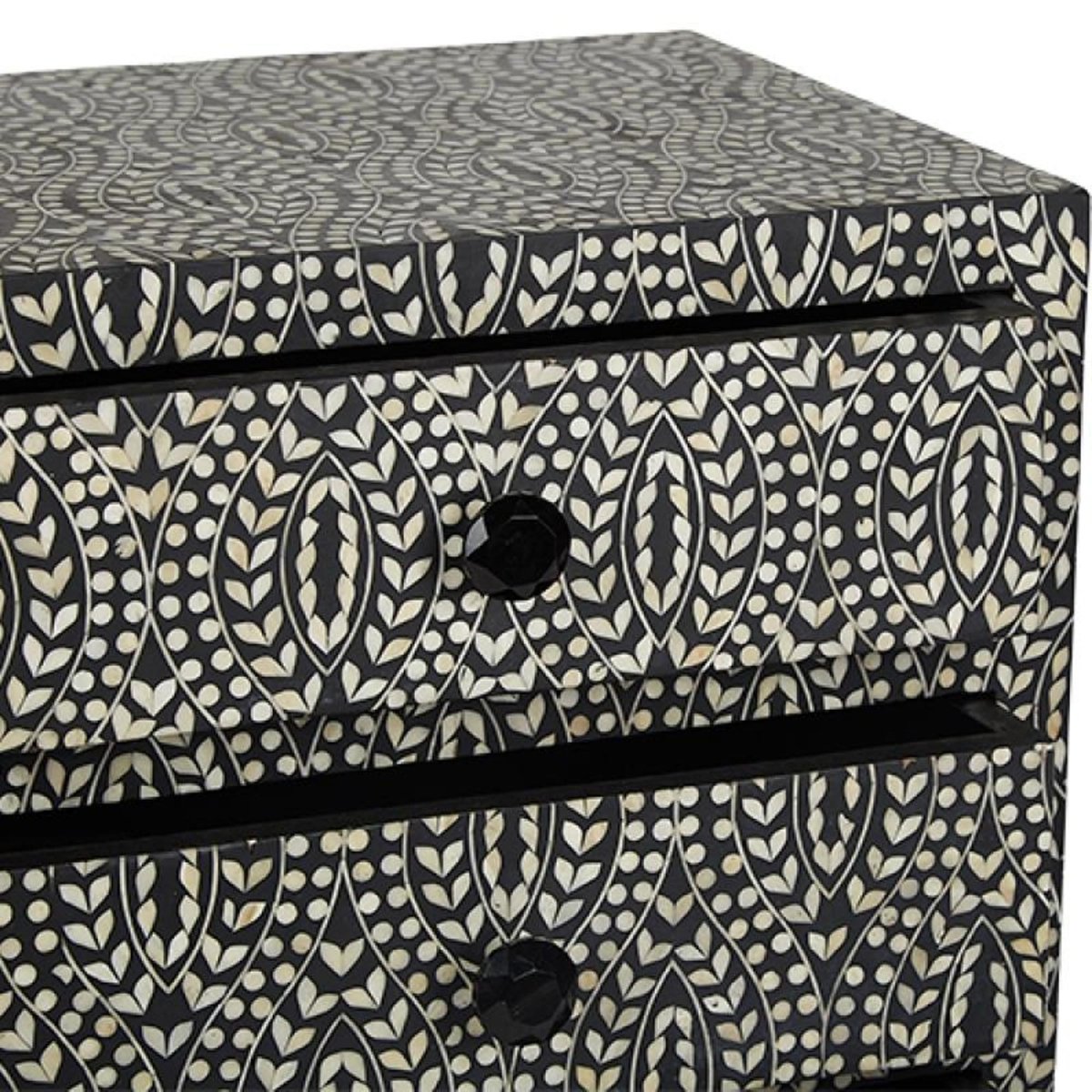 Bone Inlay 3 Drawers Motif Design Bedside Table in Black Color