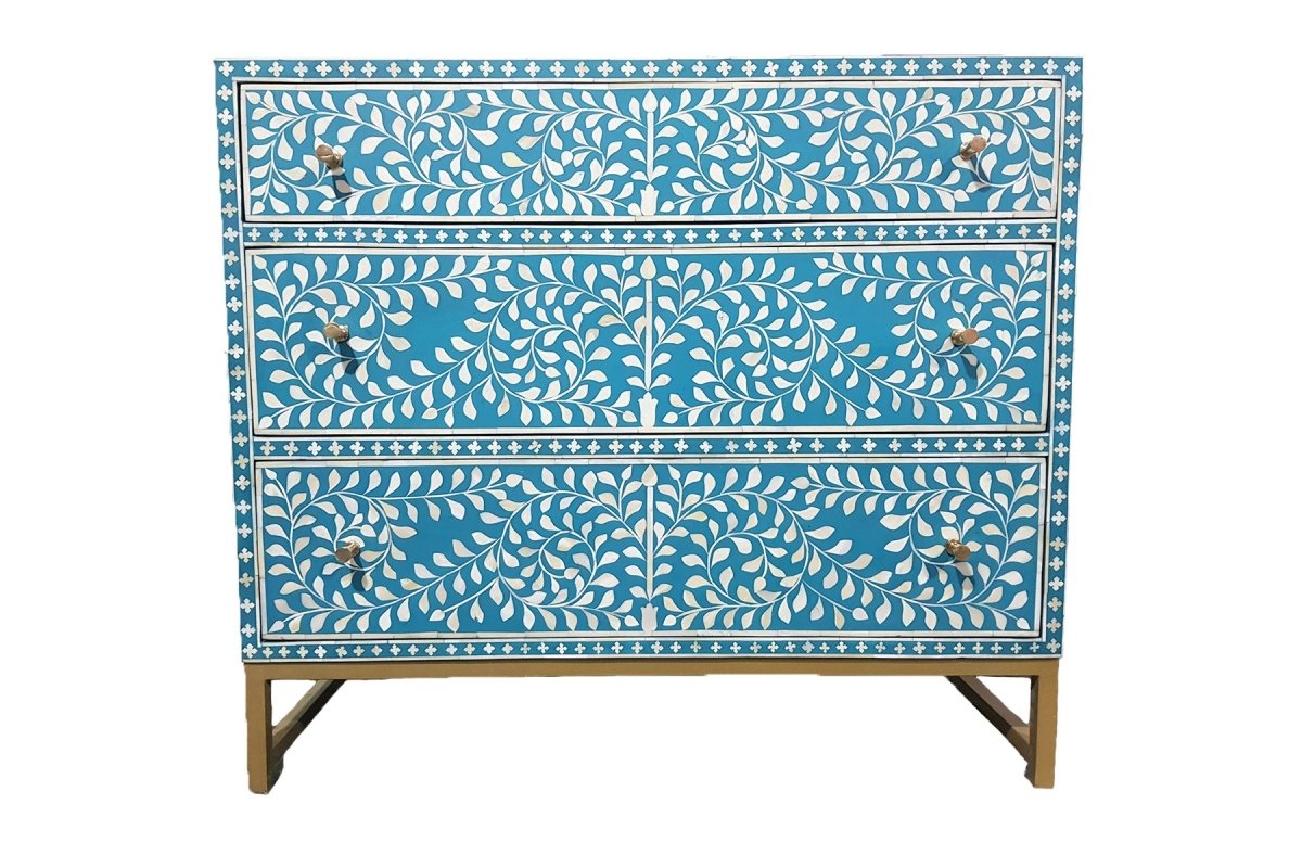 Turquoise Floral Bone Inlay Three Drawers Dresser - Metal Base Bone Inlay Furnitures Turquoise Floral Bone Inlay Three Drawers Dresser - Metal Base Bone Inlay Furnitures