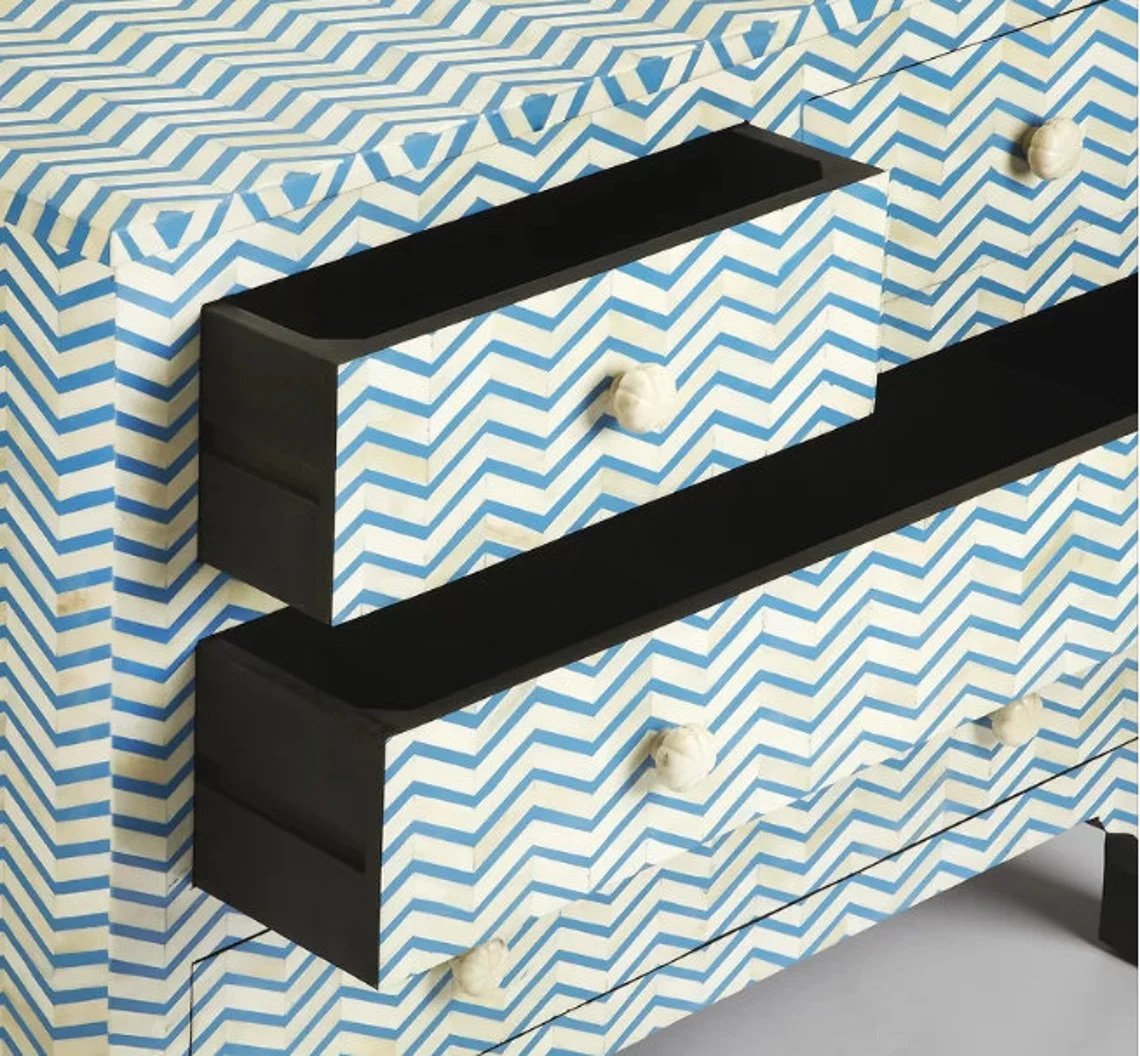 Bone Inlay Chevron Dresser Open Drawer Detail – Smooth Glide Drawers with Carved Bone Knobs and Zigzag Inlay