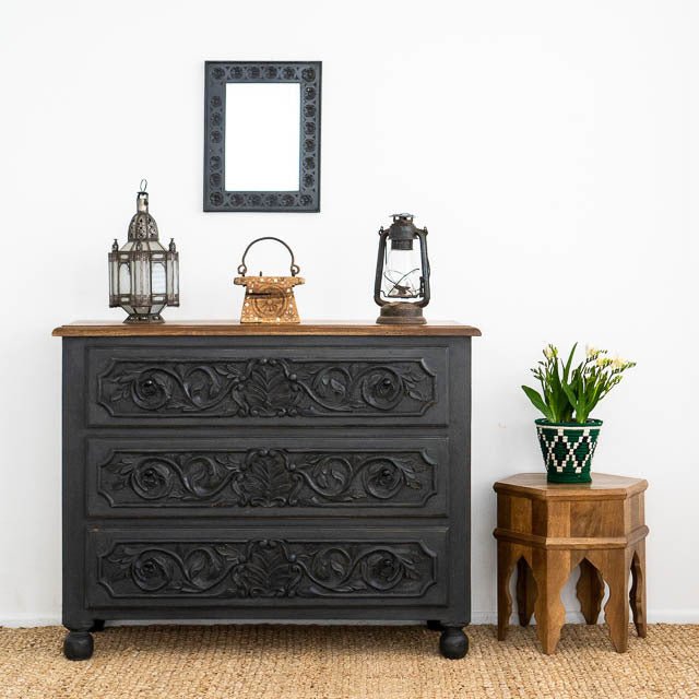 Hand-Carved 3-Drawer Solid Wood Dresser | Charcoal Finish Bone Inlay Furnitures Hand-Carved 3-Drawer Solid Wood Dresser | Charcoal Finish Bone Inlay Furnitures