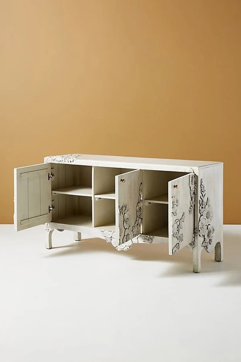 Hand-carved Floral Sideboard | Handmade White Distress Finish Buffet table Sideboard - Bone Inlay Furnitures