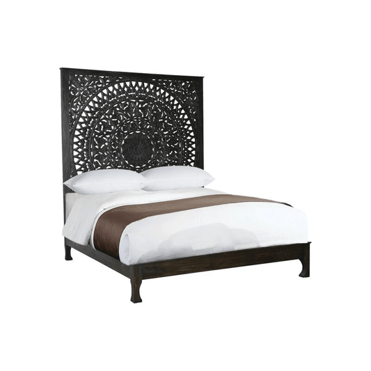Hand Carved High Headboard Platform Bed Frame Black Color | Indian Hand Carved Wooden Bed Frame Beds & Bed Frames - Bone Inlay Furnitures