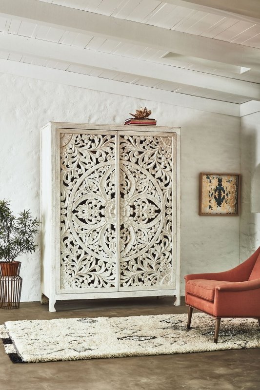 Hand Carved Lombok Armoire In White Color | Handmade White Wooden Almirah Armoire - Bone Inlay Furnitures