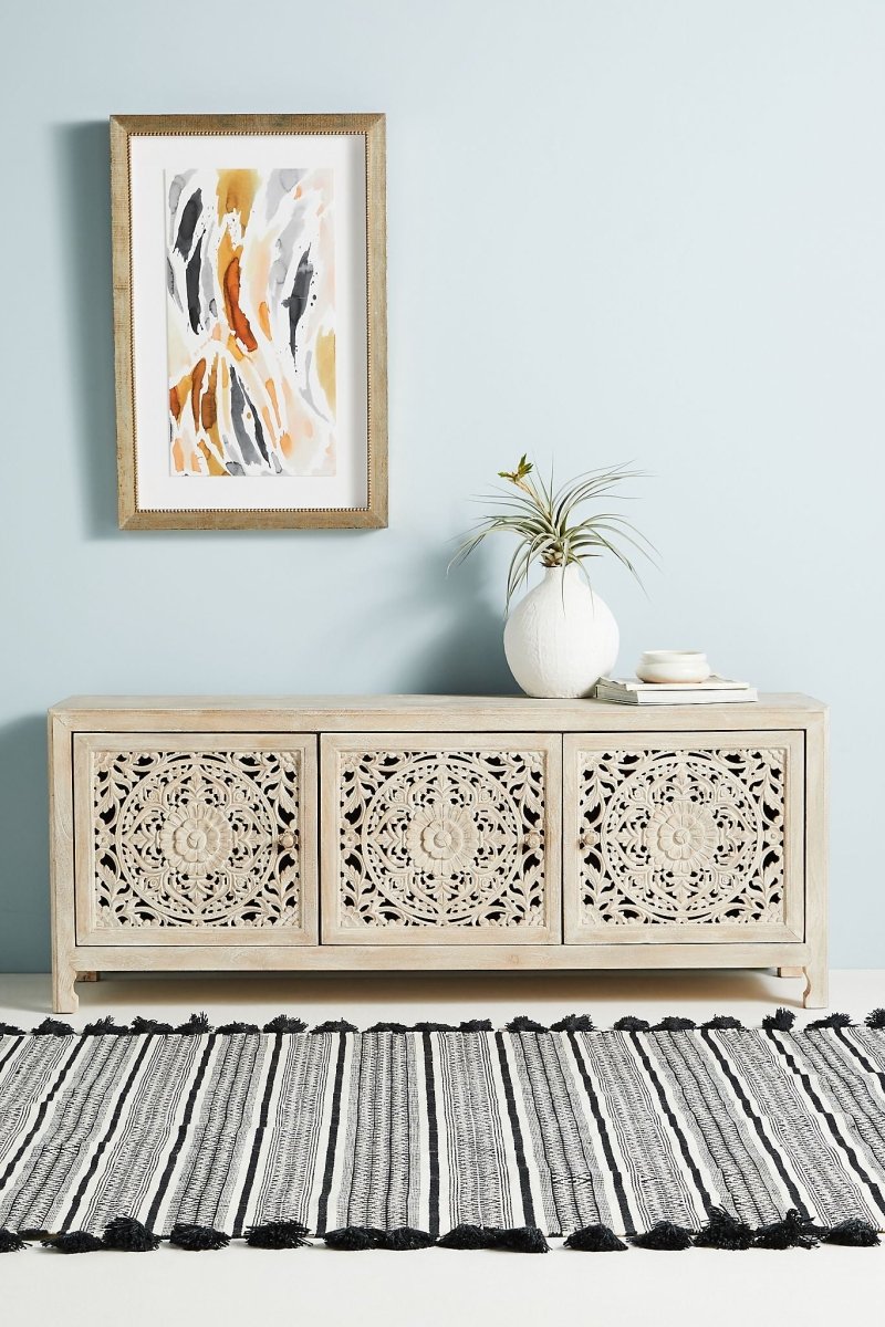 Hand Carved Lombok Media Console | Handmade Wooden Entertainment Unit Media Console - Bone Inlay Furnitures