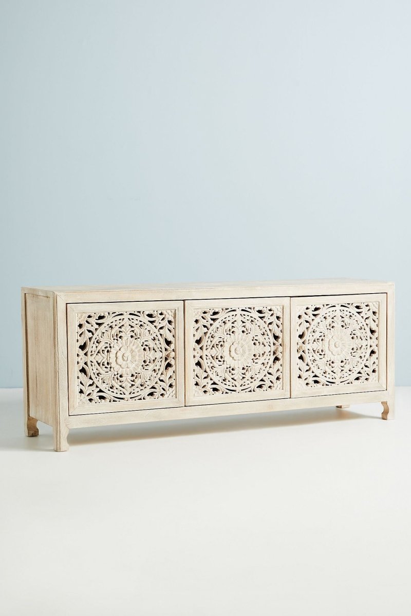 Hand Carved Lombok Media Console | Handmade Wooden Entertainment Unit Media Console - Bone Inlay Furnitures