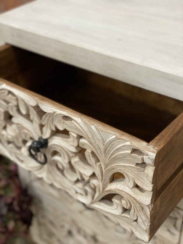Hand Carved Night Stand in White Color | Handmade Wooden Bedside Nightstand - Bone Inlay Furnitures