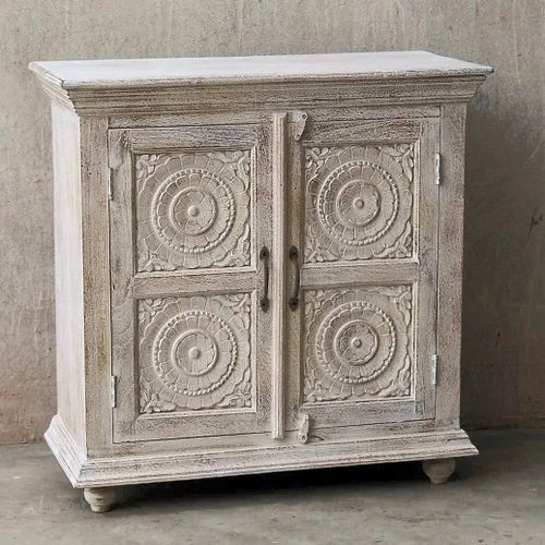 Hand Carved White Color Cabinet | Handmade Two Door Small Sideboard Cabinet - Bone Inlay Furnitures