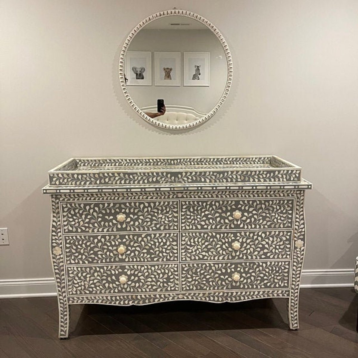 Grey Floral Bone Inlay 6-Drawer Dresser | Nursery Changing Table Bone Inlay Furnitures Grey Floral Bone Inlay 6-Drawer Dresser | Nursery Changing Table Bone Inlay Furnitures
