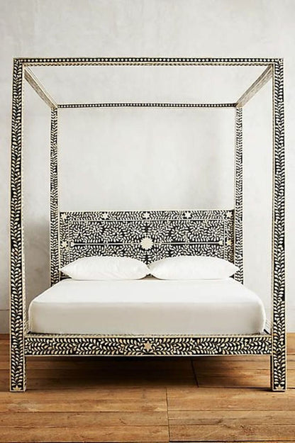 Handmade Bone Inlay Canopy Platform Bed | Handmade Black Color Bed For Bedroom Decor Beds & Bed Frames - Bone Inlay Furnitures