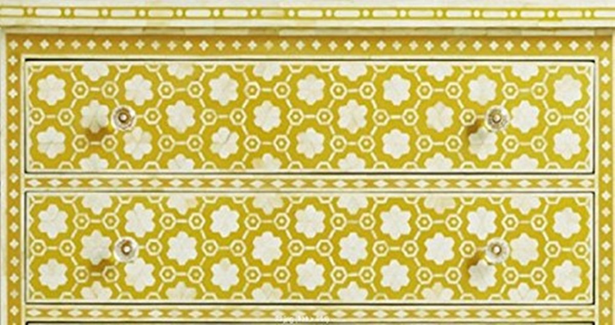 Handmade Bone Inlay Chest of 3 Drawers Floral Design in Yellow Color | Bedroom 3 Drawers Dresser chest of drawer - Bone Inlay Furnitures